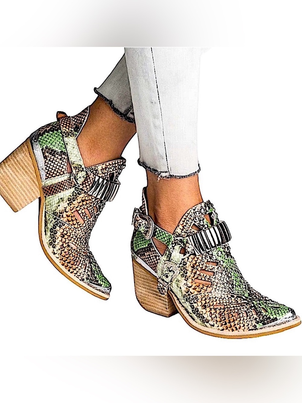 Jeffrey Campbell Calhoun Cowgirl Leather Snake Studded Buckle  Western Boot